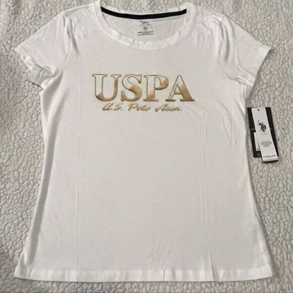 U.S. Polo Assn. Women's White Graphic T-Shirt Medium Short Sleeve Crew Neck - Picture 1 of 8